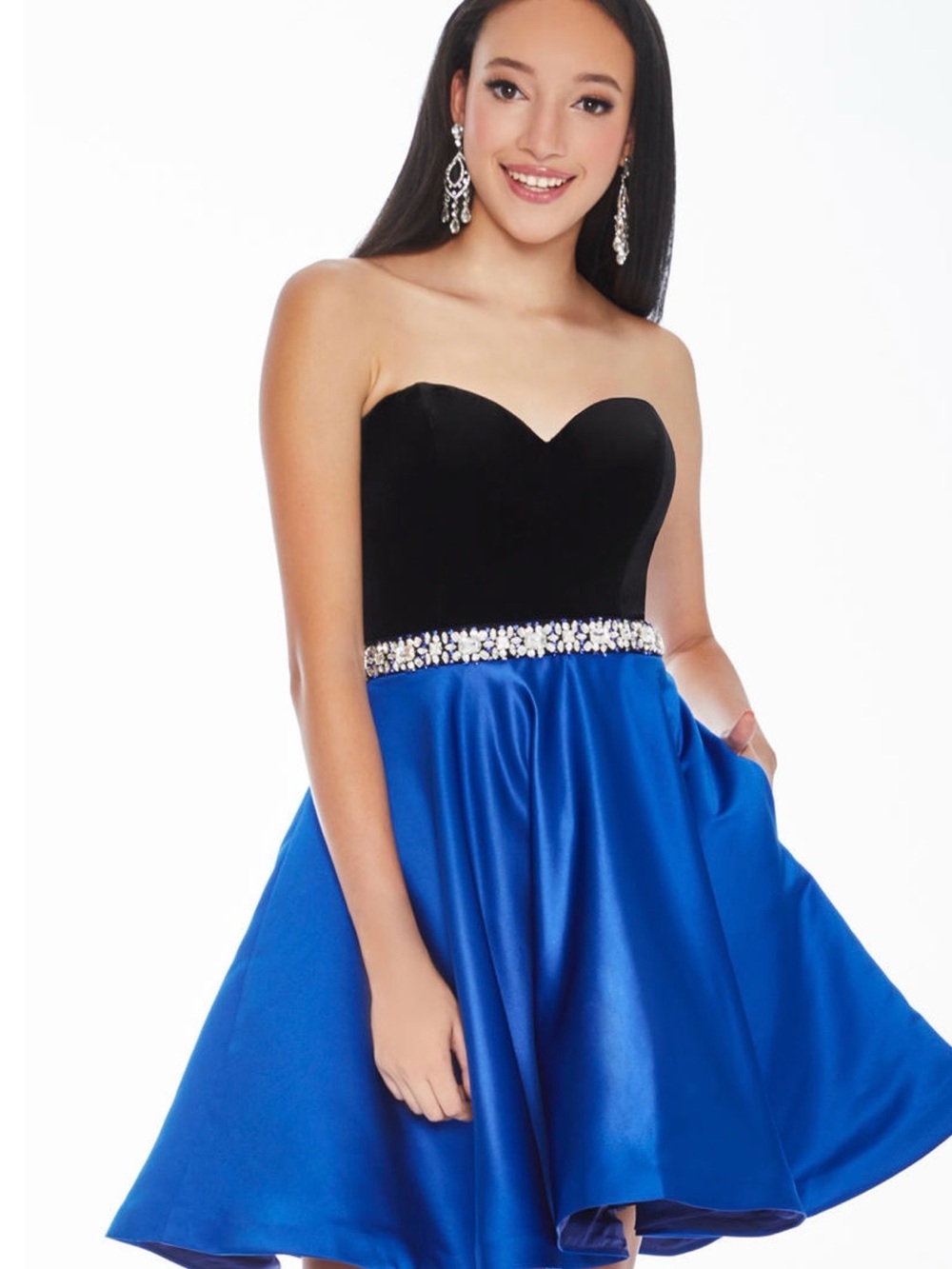 Strapless Black and Blue Fit-and-Flare Dress with Embellished Waist
